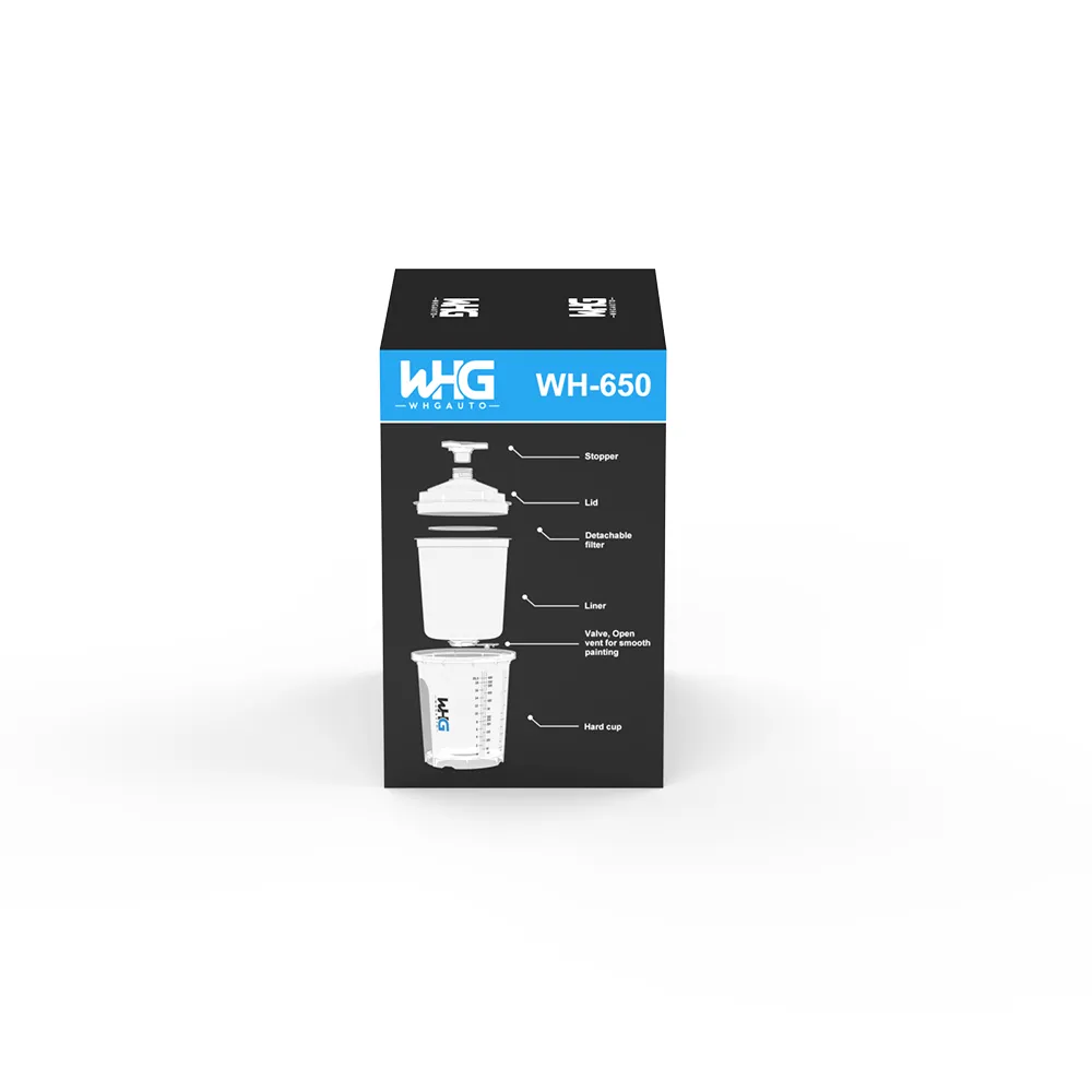HZH WH-650ML Disposable Paint Cup System Standard Packaging showing left side with clear cup design