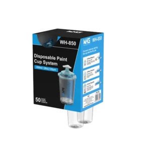 HZH WH-850ML Disposable Paint Cup System Dispenser Packaging showing proper usage with spray gun