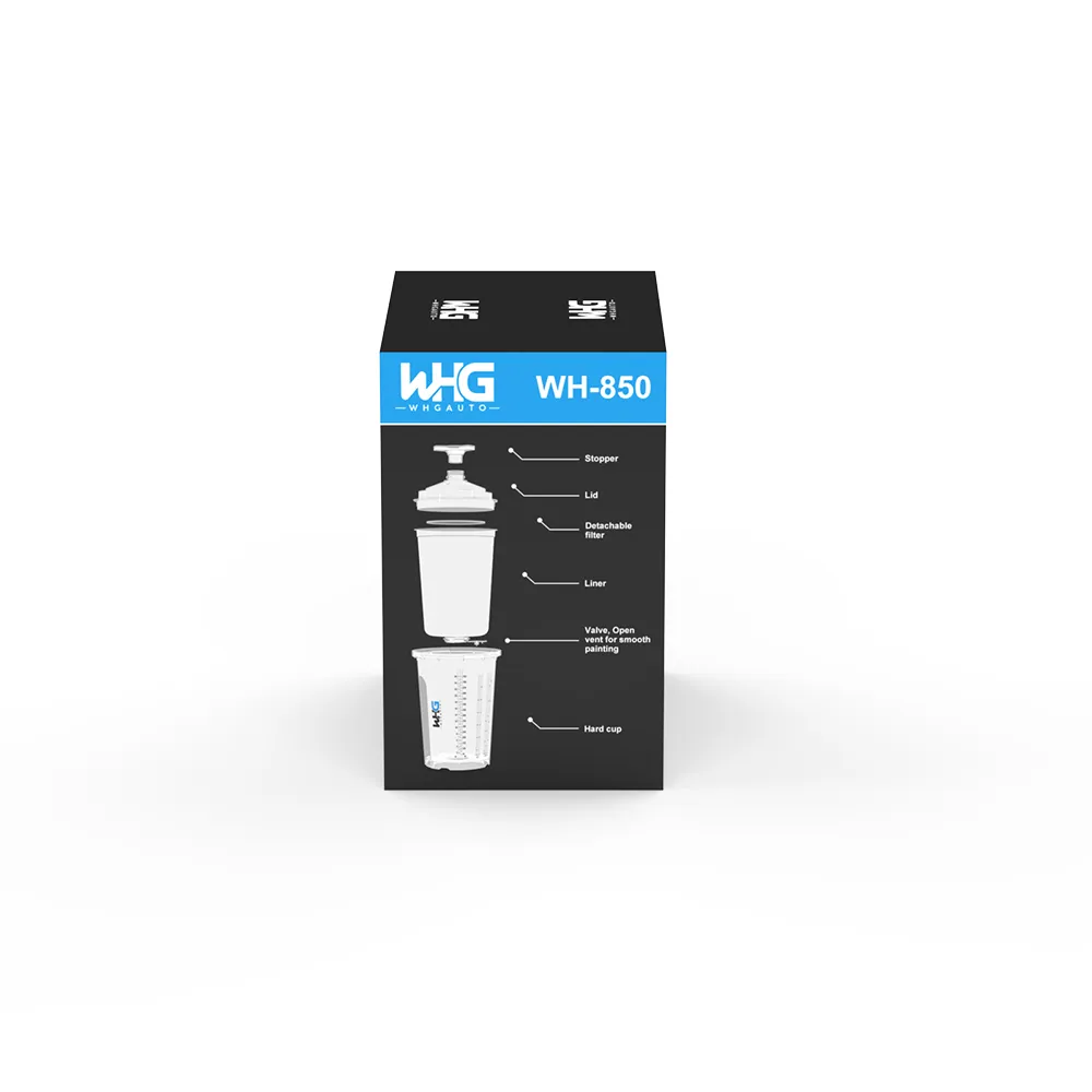 HZH WH-850ML Disposable Paint Cup System Standard Packaging showing left side with clear cup design