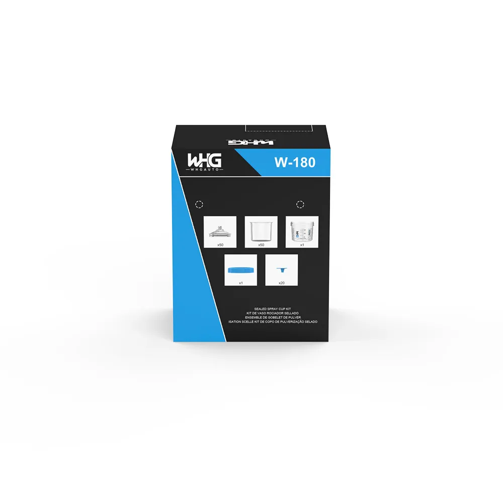 WHGAuto 180ml disposable paint cup system dispenser packaging, back view with clear display of product information and branding