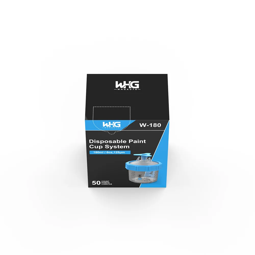 WHGAuto 180ml disposable paint cup system dispenser packaging, top front angle view showing the packaging design and contents