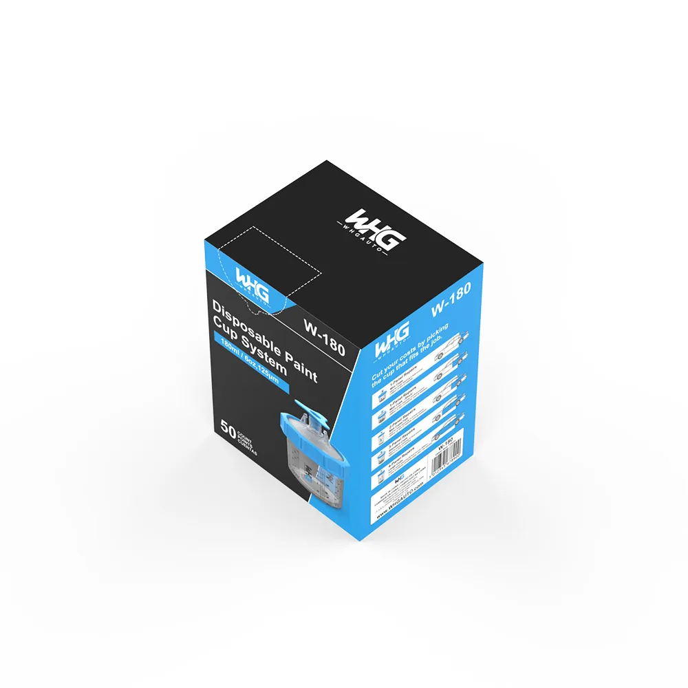 WHGAuto 180ml disposable paint cup system dispenser packaging, top right angle view highlighting the overall packaging and ergonomic design