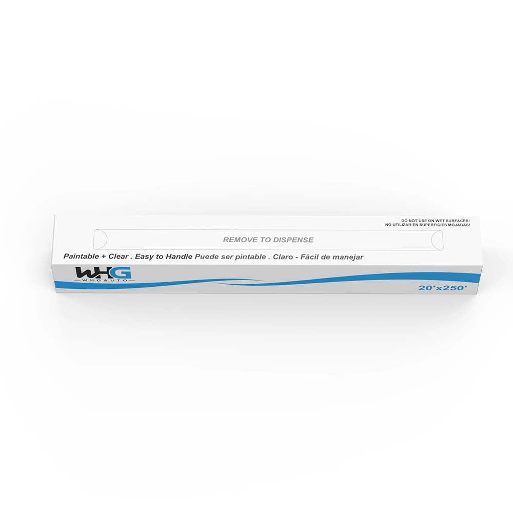 WHGAuto 20x250ft Masking Film packaging box top view, highlighting box structure and protective film