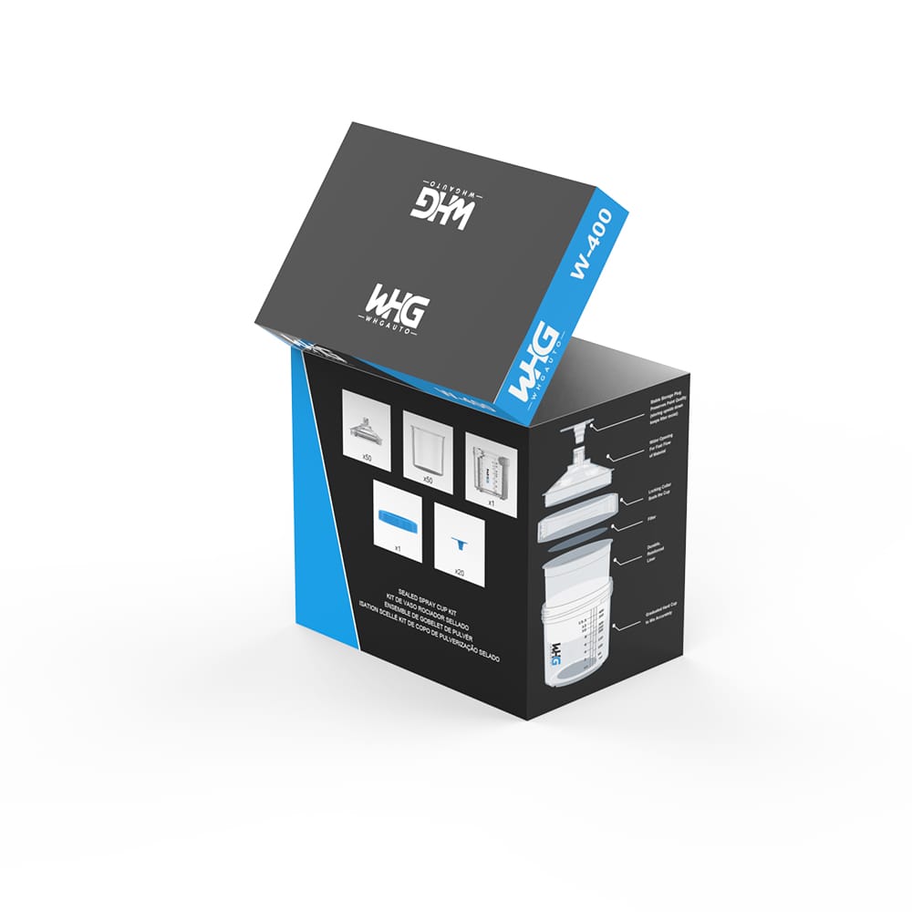 WHGAuto 400ml short disposable paint cup system zipper packaging, left back angle showing sealing quality and structure