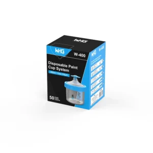 WHGAuto 400ml short disposable paint cup system dispenser packaging, right front angle view showing the product design and branding clearly