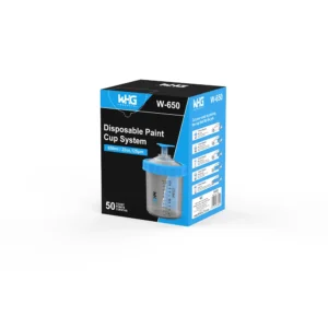 WHGAuto 650ml disposable paint cup system dispenser packaging, right front angle view showing the product design and clear branding