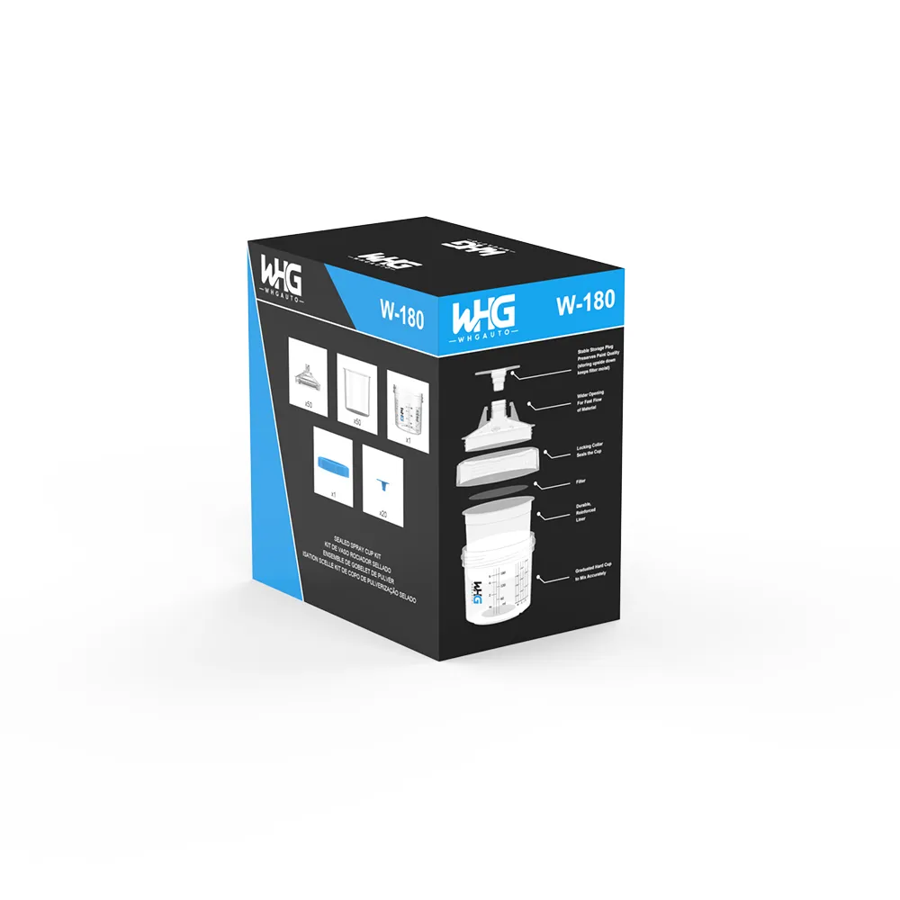 WHGAuto 180ml disposable paint cup system standard packaging, left back view highlighting packaging stability