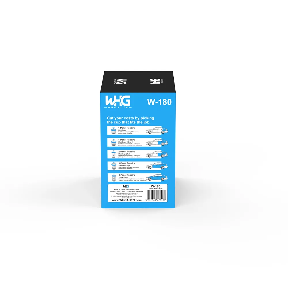 WHGAuto 180ml disposable paint cup system standard packaging, right side view highlighting compact size