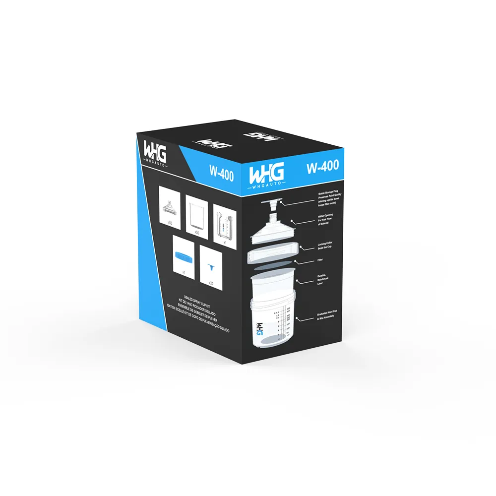WHGAuto 400ml short disposable paint cup system standard packaging, left back view ensuring packaging stability