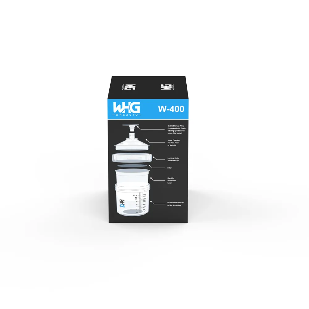 WHGAuto 400ml short disposable paint cup system standard packaging, left side view with ergonomic design
