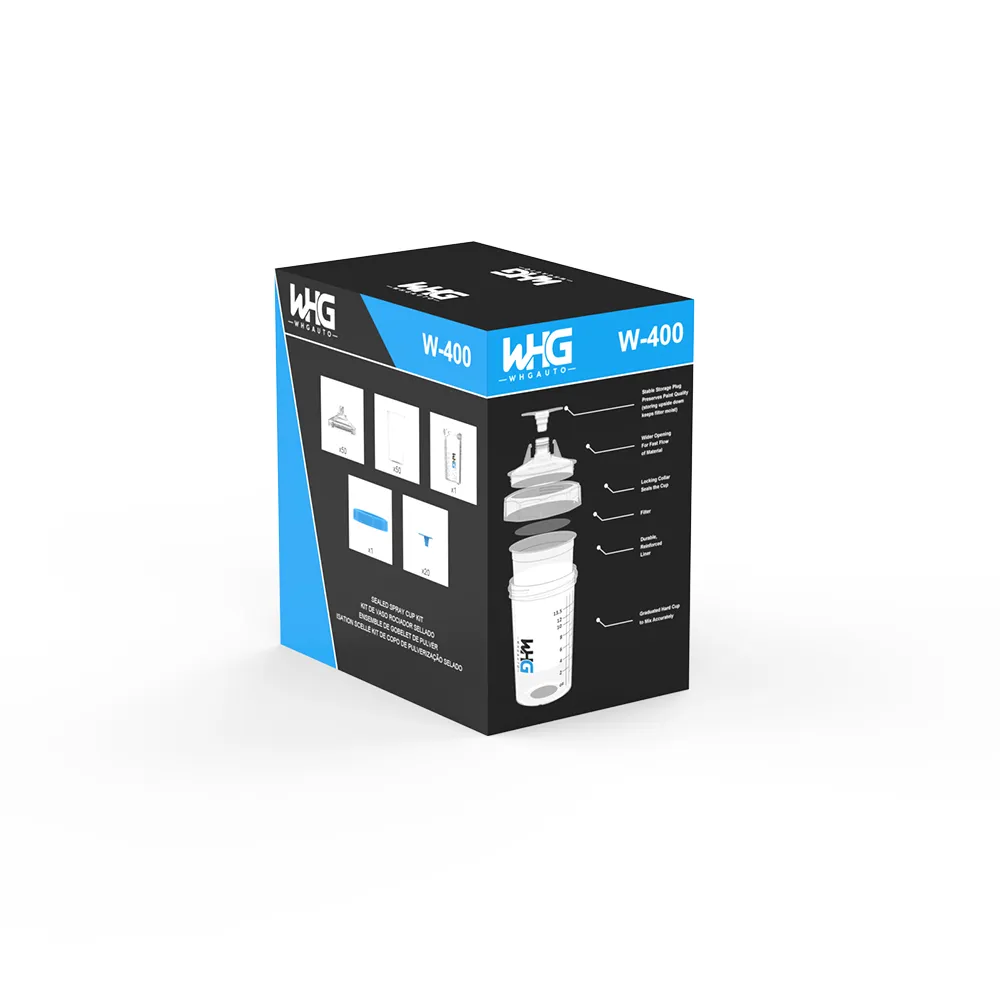 WHGAuto 400ml taller disposable paint cup system standard packaging, left back view ensuring packaging durability