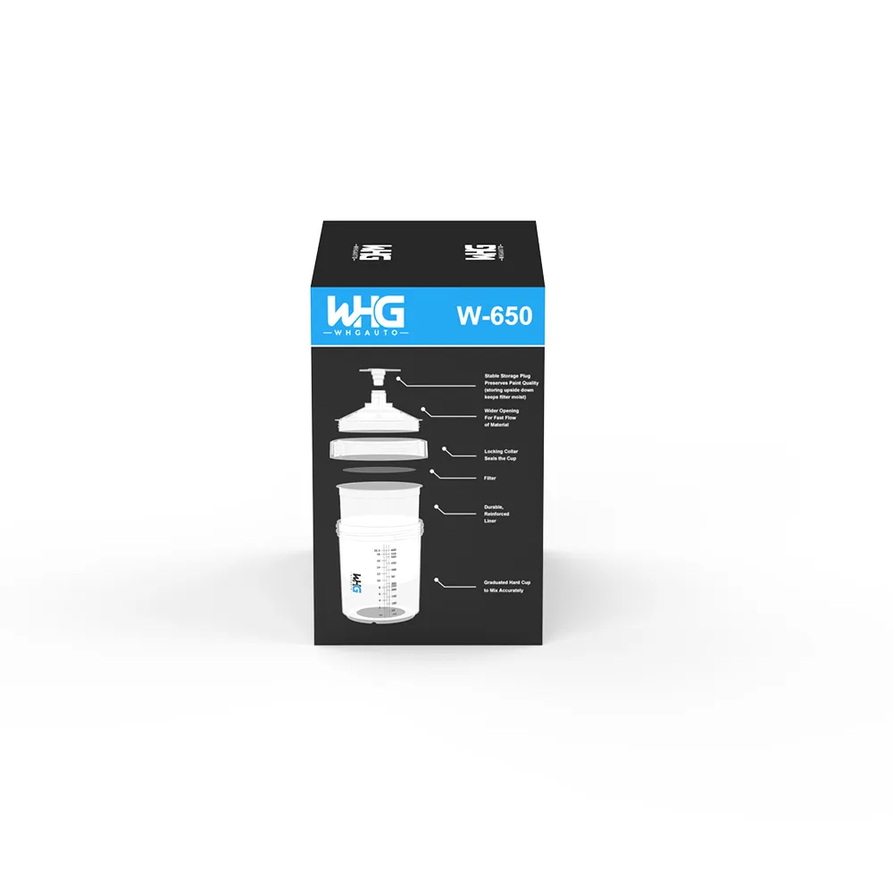 WHGAuto 650ml disposable paint cup system standard packaging, left side view with ergonomic cup shape