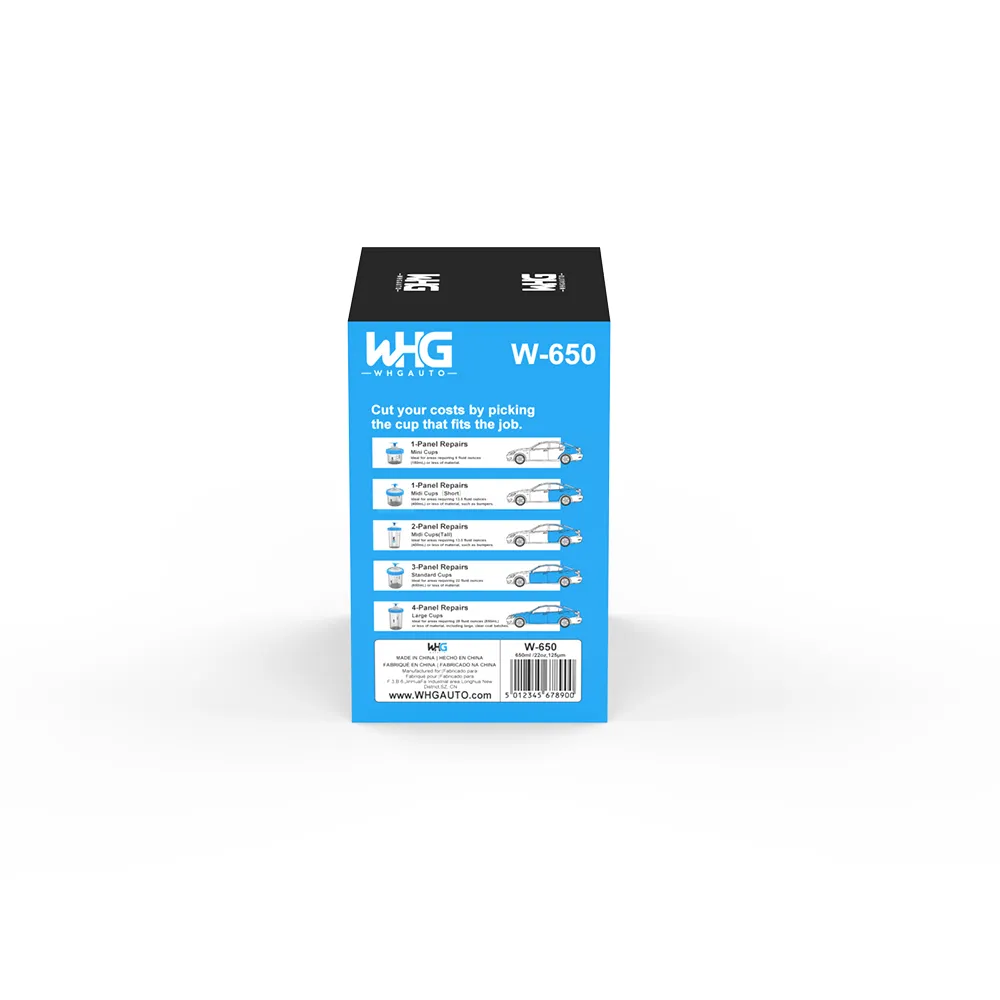 WHGAuto 650ml disposable paint cup system standard packaging, right side view highlighting smooth structure
